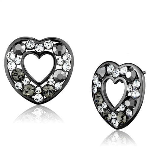 Stainless Steel Black IP Gray CZ Heart Open Stud Earrings