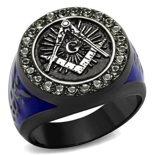 Stainless Steel Black IP Blue Enamel Masonic Compass CZ Ring