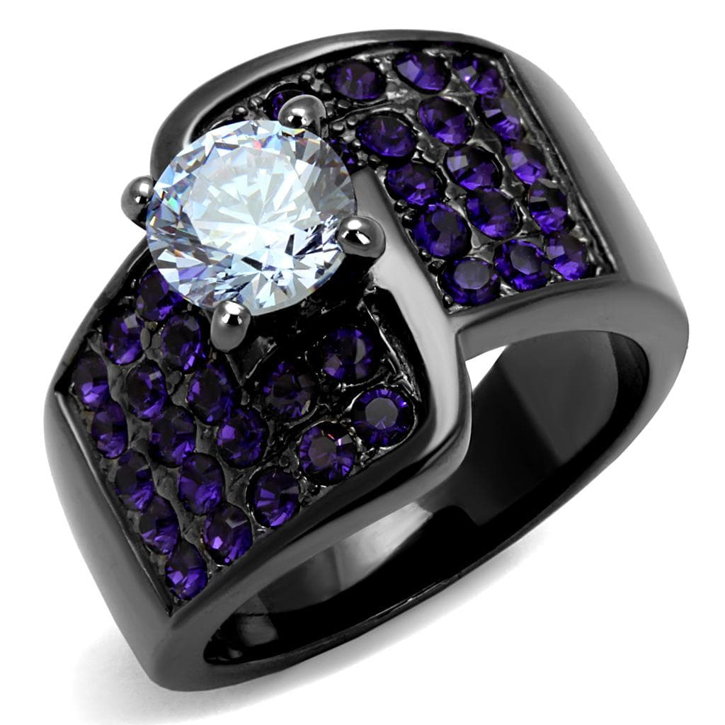 Stainless Steel Black IP Amethyst Purple CZ Round Solitaire Ring