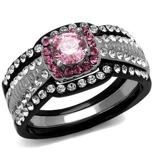 Stainless Steel Dark Gunmetal Pink CZ Cushion Halo Pave Ring