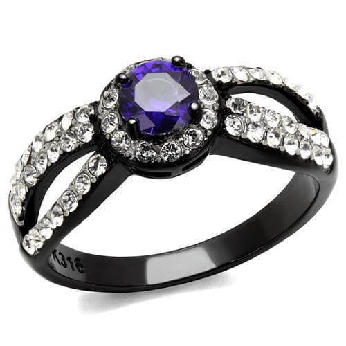 Stainless Steel Black IP Tanzanite Purple CZ Round Halo Ring