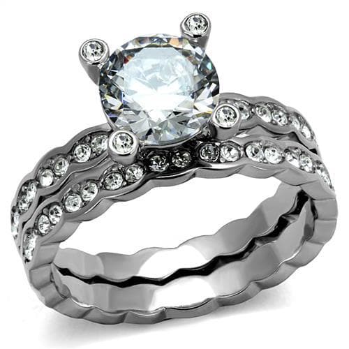 Stainless Steel CZ Round Solitaire Channel Wave Bridal Ring