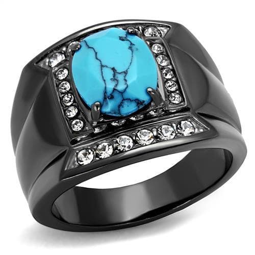 Stainless Steel Black IP Turquoise Cabochon CZ Halo Signet Ring