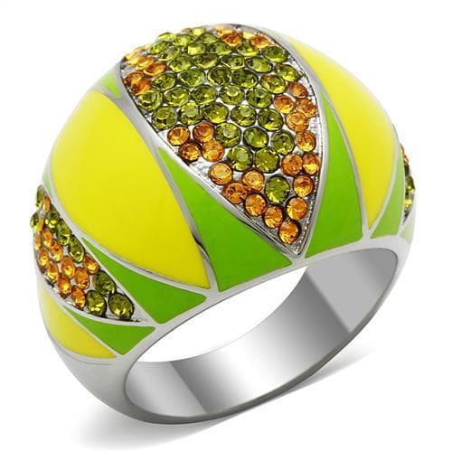 Stainless Steel Yellow Green Enamel Crystal Pave Dome Ring