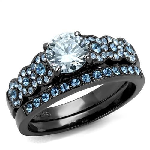 Stainless Steel Dark Gunmetal Aquamarine Blue CZ Round Pave Ring