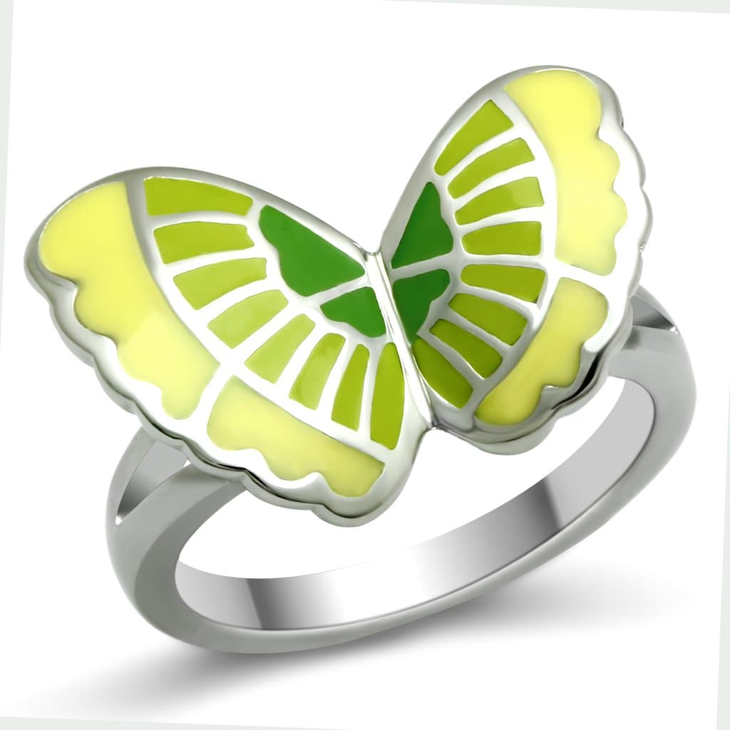 Stainless Steel Yellow Green Enamel Butterfly Ring