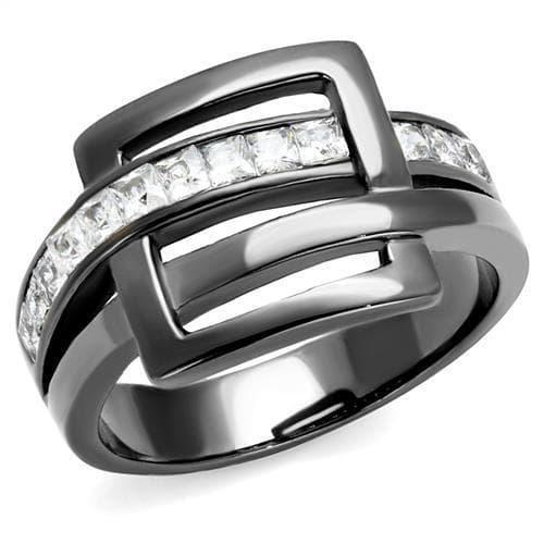 Stainless Steel Dark Gunmetal CZ Channel Buckle Double Band Ring