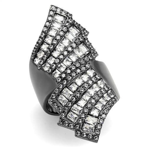 Stainless Steel Dark Gunmetal CZ Baguette Chevron Fan Bypass Ring