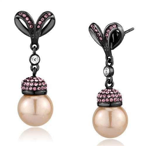 Stainless Steel Dark Gunmetal Pink Crystal Pearl Tulip Earrings