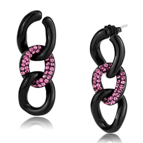 Stainless Steel Black IP Pink Crystal Pave Chain Link Earrings