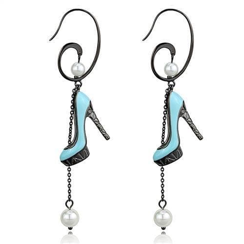 Stainless Steel Dark Gunmetal Blue High Heel Pearl Chain Earrings