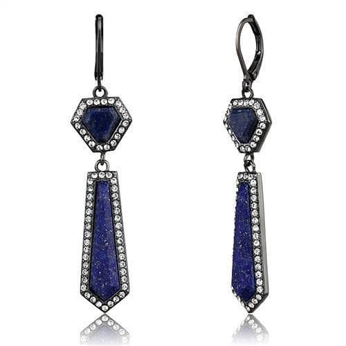 Stainless Steel Dark Gunmetal Lapis Blue Stone Hexagon Earrings