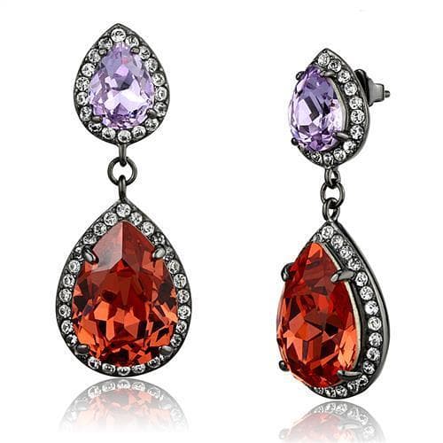 Stainless Steel Dark Gunmetal Orange Red Crystal Pear CZ Earrings