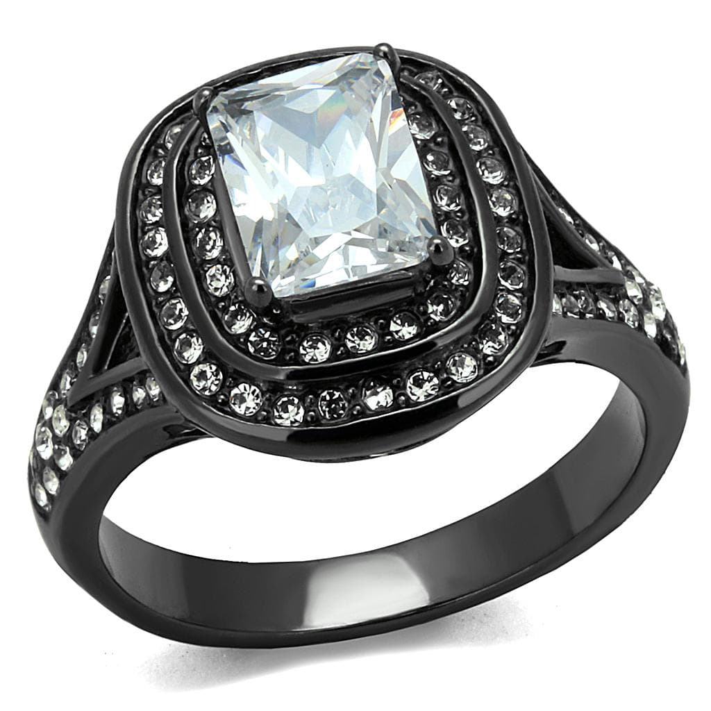 Stainless Steel Dark Gunmetal CZ Cushion Cut Double Halo Ring
