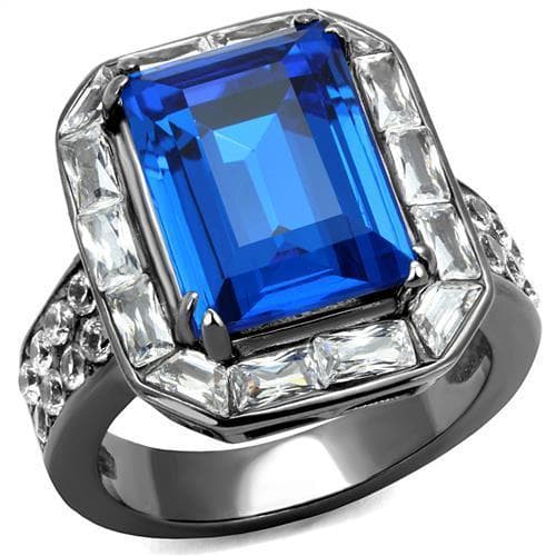 Stainless Steel Blue Sapphire Emerald Cut CZ Baguette Halo Ring