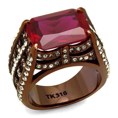 Stainless Steel Coffee Brown IP Red Ruby Princess CZ Pave Ring