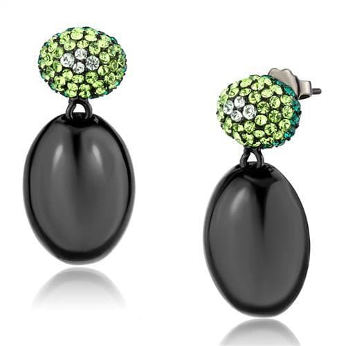 Stainless Steel Dark Gunmetal Peridot Green Crystal Pave Earrings