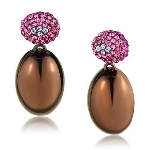 Stainless Steel Coffee Brown IP Pink Crystal Pave Oval Earrings