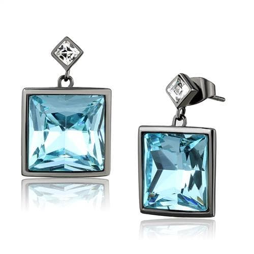 Stainless Steel Dark Gunmetal Aquamarine Blue CZ Earrings