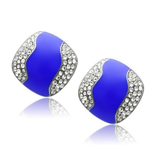 Stainless Steel Blue Enamel CZ Pave Wave Huggie Stud Earrings