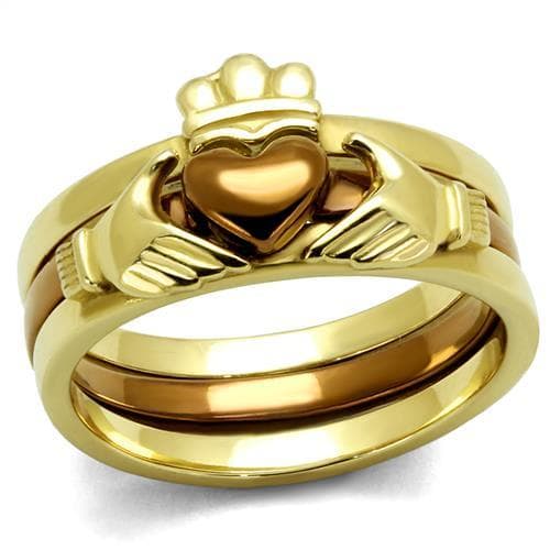 Stainless Steel Gold IP Claddagh Heart Crown Bridal Stack Ring