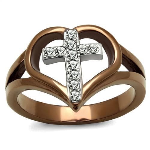 Stainless Steel Coffee Brown IP CZ Cross Heart Open Ring