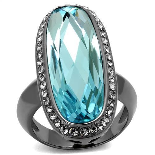 Stainless Steel Dark Gunmetal Aquamarine Blue Oval CZ Halo Ring