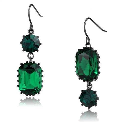 Stainless Steel Dark Gunmetal Emerald Green Crystal Earrings