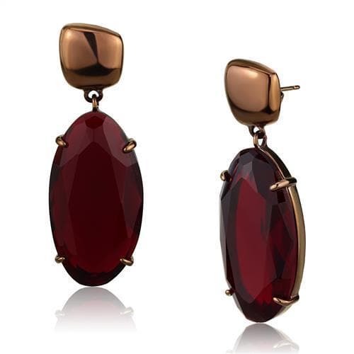 Stainless Steel Coffee Brown IP Red Garnet Crystal Oval Earrings