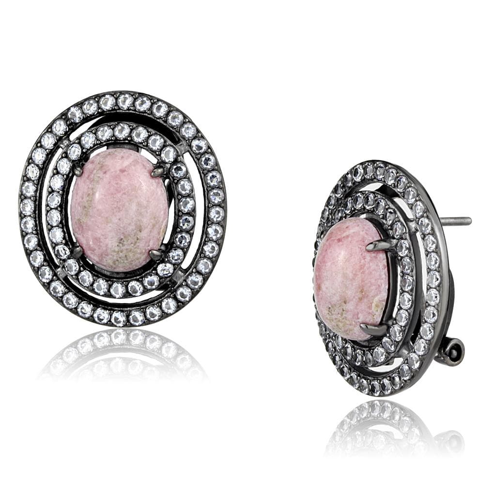 Stainless Steel Dark Gunmetal Pink Rhodonite Oval CZ Earrings
