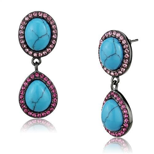 Stainless Steel Turquoise Cabochon Pink CZ Halo Double Earrings