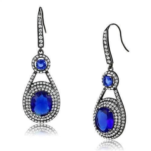 Stainless Steel Blue Sapphire CZ Pear Double Halo Pave Earrings