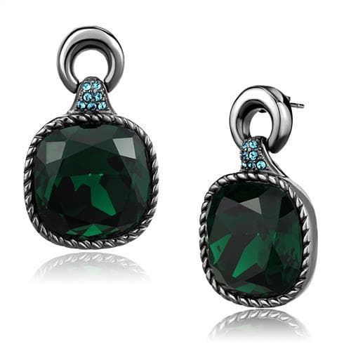 Stainless Steel Antiqued Silver Emerald Green Crystal Earrings