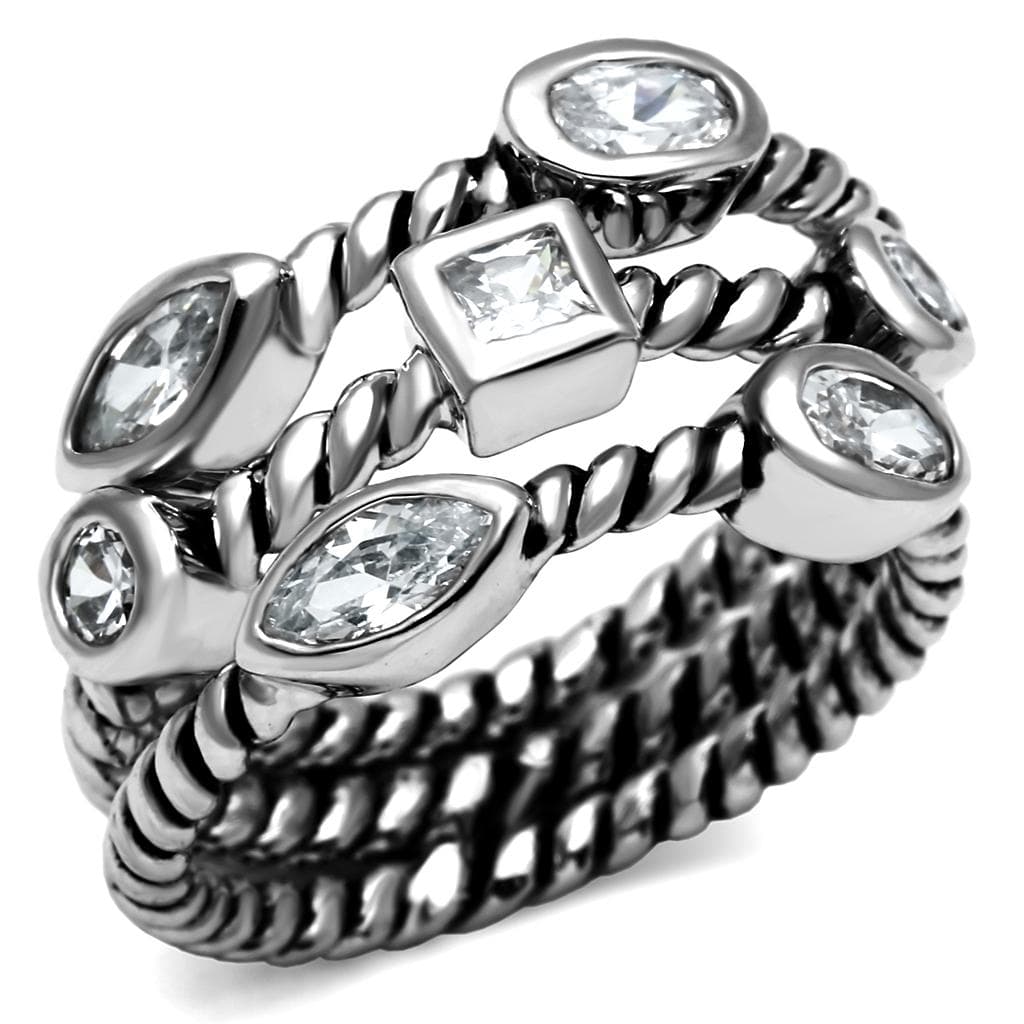 Stainless Steel CZ Multi Shape Bezel Twisted Rope Stack Ring