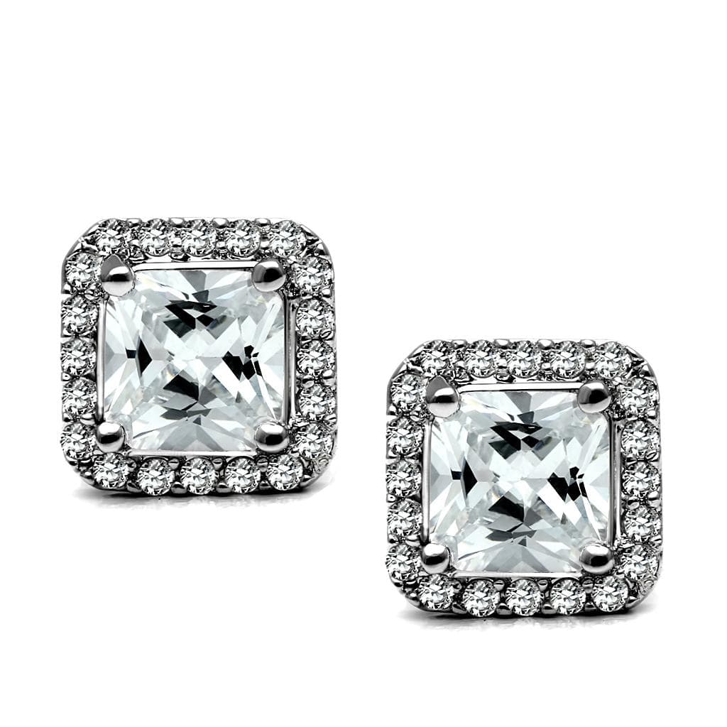 Stainless Steel CZ Princess Cut Square Halo Stud Earrings TK2881