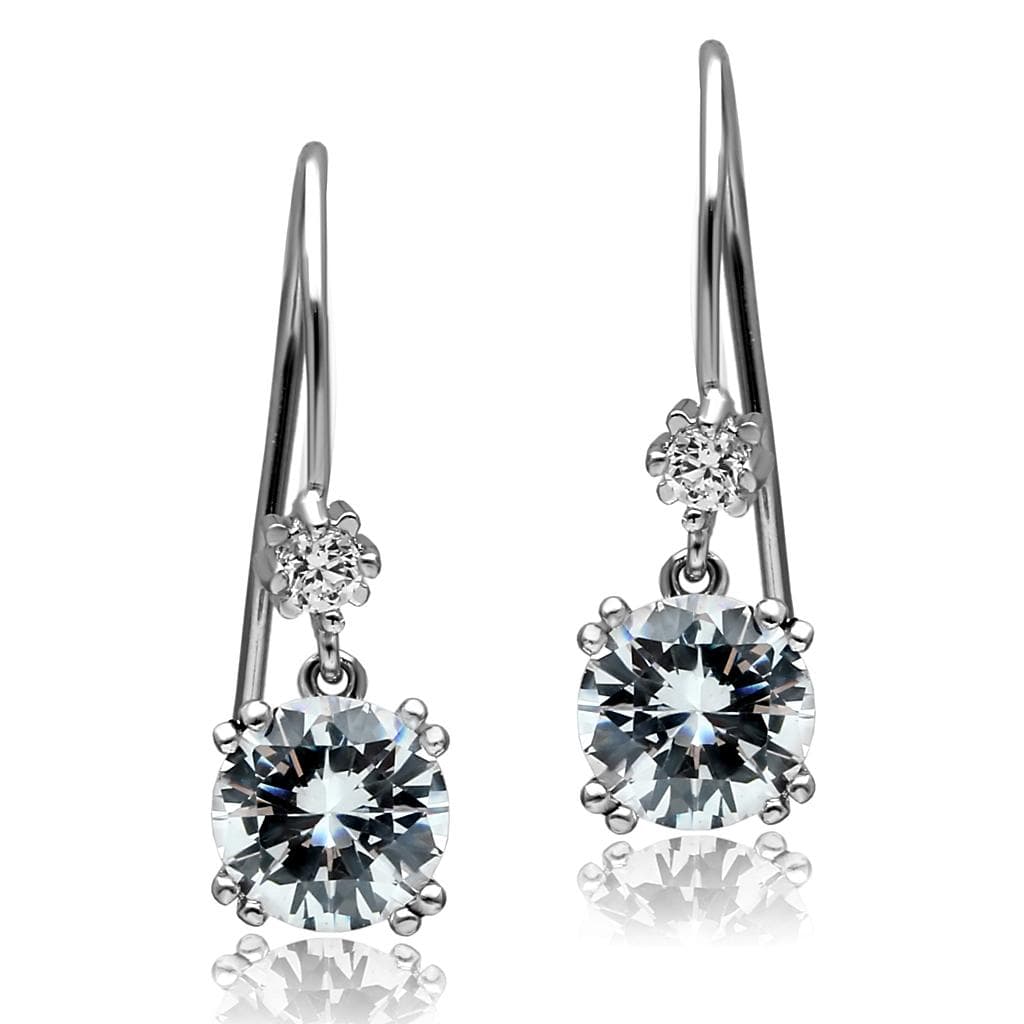 Stainless Steel CZ Round Solitaire Hook Drop Earrings