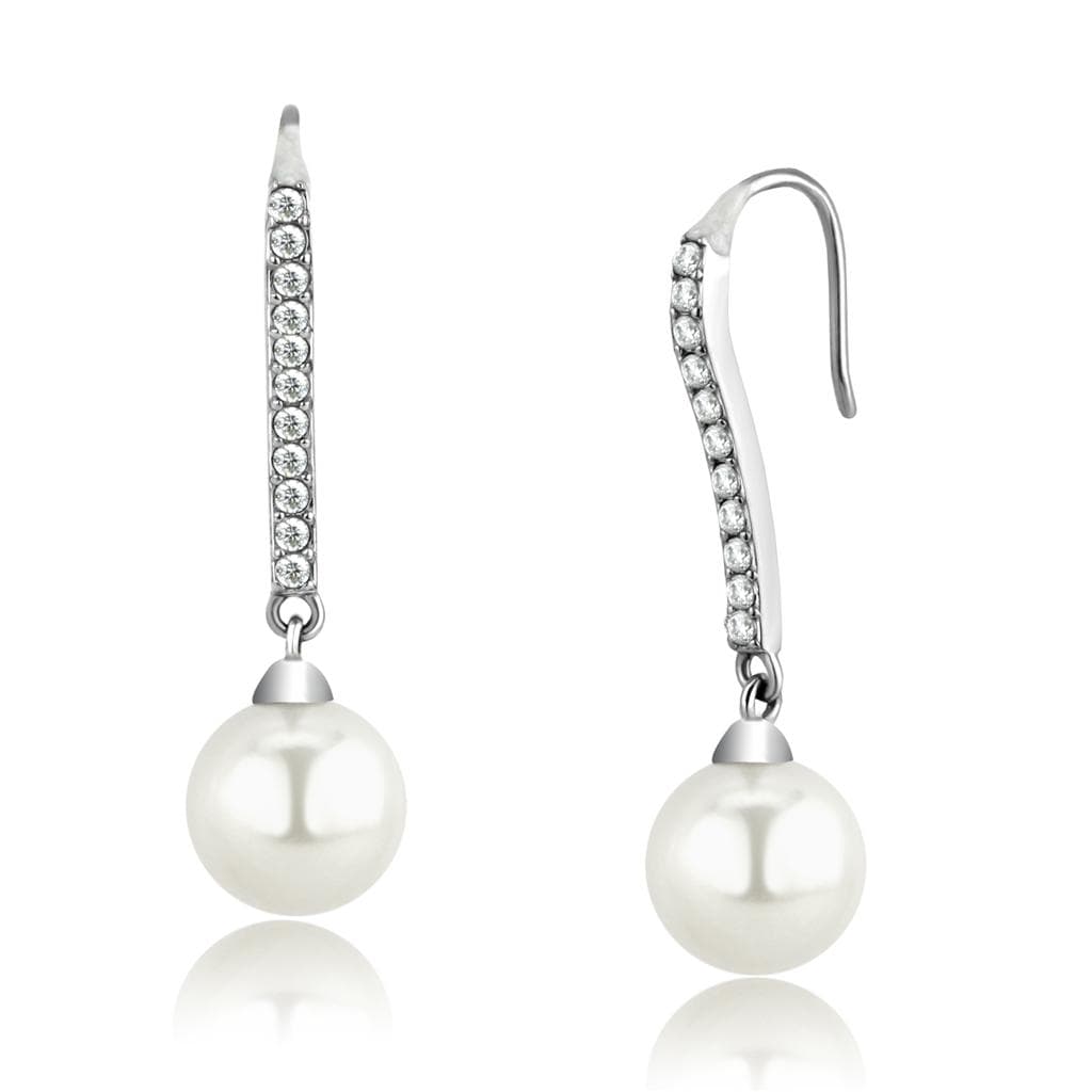 Stainless Steel White Pearl CZ Pave Bar Hook Drop Earrings