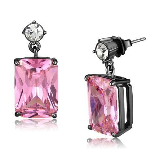 Stainless Steel Dark Gunmetal Pink CZ Emerald Cut CZ Earrings