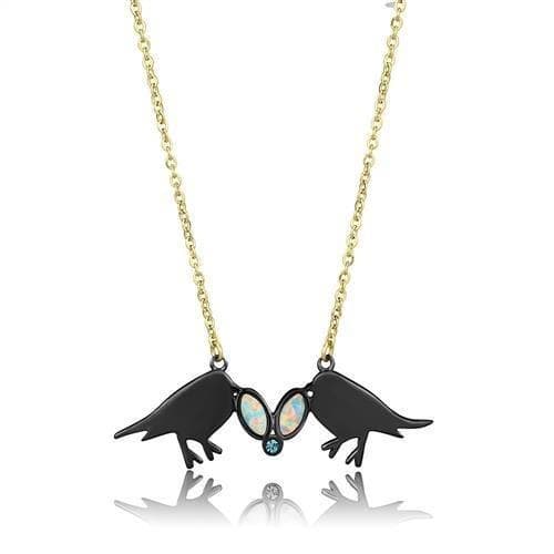 Stainless Steel Gold IP Black Kissing Birds Opal Crystal Necklace
