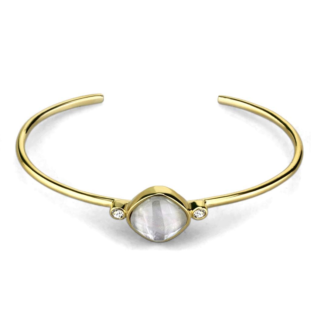 Stainless Steel Gold IP Mother of Pearl CZ Round Open Bracelet
