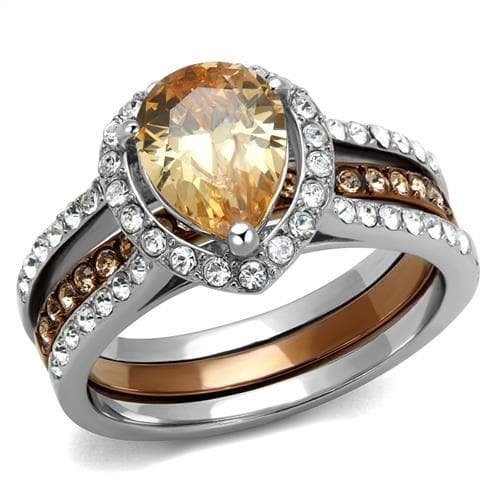 Stainless Steel Two Tone Coffee Brown Silver Champagne CZ Ring