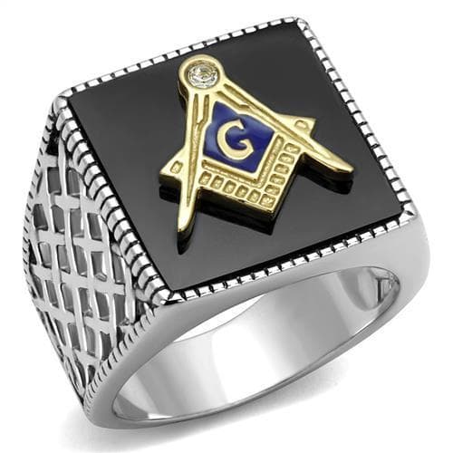 Stainless Steel Antiqued Silver Black Onyx Enamel Masonic Ring