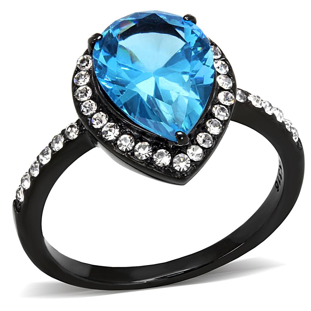 Stainless Steel Dark Gunmetal Aquamarine Blue CZ Pear Halo Ring
