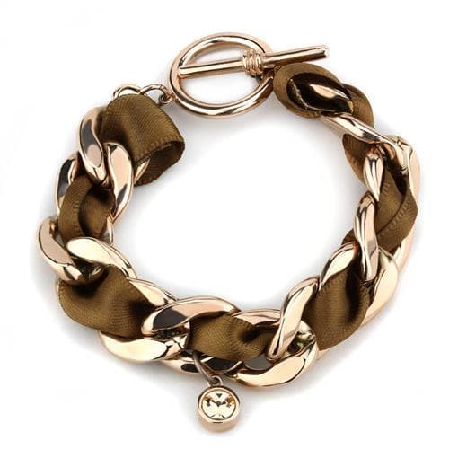 Stainless Steel Rose Gold IP Brown Satin Ribbon Chain Bracelet