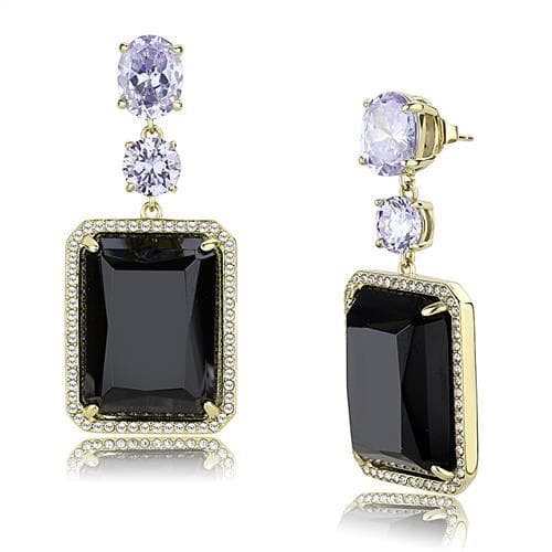 Stainless Steel Gold IP Black Onyx CZ Emerald Cut Pave Earrings