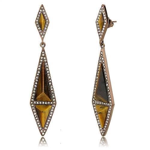 Stainless Steel Rose Gold IP Tiger Eye Diamond Shape CZ Earrings