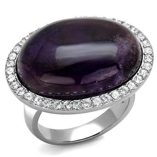 Stainless Steel Amethyst Purple Cabochon Oval CZ Halo Ring