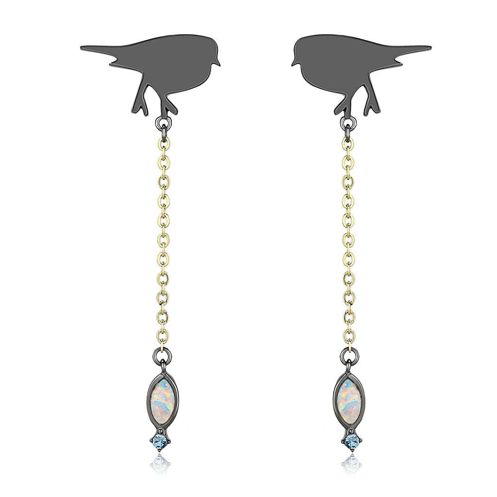 Stainless Steel Gold IP Black Bird Opal Crystal Chain Earrings