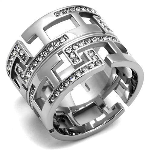 Stainless Steel CZ Pave Greek Key Cutout Wide Band Ring