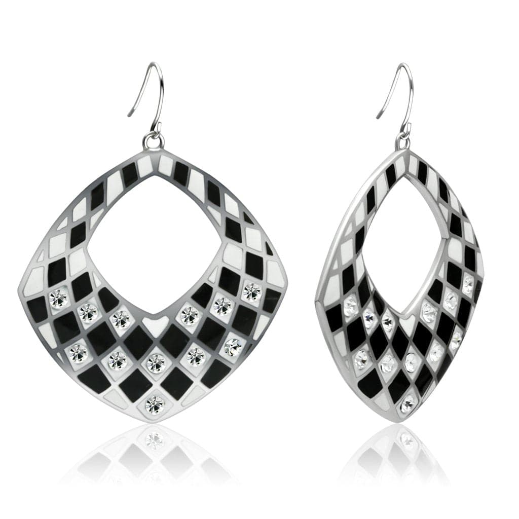 Stainless Steel Black Enamel Checkerboard CZ Diamond Earrings